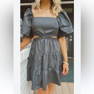 JS 71 black cotton cut out mini Dress/ tiered skirt smocked waistband
